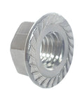 Premium 3/8-16 Zinc Plated Serrated Flange Hex Lock Nut showing serrated design for secure grip, heavy duty auto hardware.