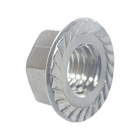 Premium 3/8-16 Zinc Plated Serrated Flange Hex Lock Nut showing serrated design for secure grip, heavy duty auto hardware.