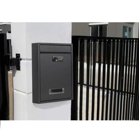 Outdoor Wall Mounted Mailbox With 3 Number Combination Lock Heavy Duty Galvanized Steel Design With Transparent Window To See Mail Status Rust Proof Locking Mail Box 12.6 By 8.5 By 3.4 Inches Black mounted on exterior wall by gate