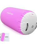 Inflatable Gymnastics Roller Tumbling Barrel 3.3ft Long By 2ft Diameter Octagon Mat Roll, pink and white, with handles and repair kit.