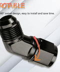 6AN 45 Degree Swivel Fitting Male To Female Aluminum Adapter For High Pressure Hose Lines 9/16-18 UNF Thread 37 Degree Flare CNC Machined 6061 T6 Leak Free Performance AN6 Fitting black anodized 360° swivel adapter