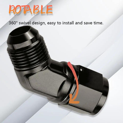 6AN 45 Degree Swivel Fitting Male To Female Aluminum Adapter For High Pressure Hose Lines 9/16-18 UNF Thread 37 Degree Flare CNC Machined 6061 T6 Leak Free Performance AN6 Fitting black anodized 360° swivel adapter