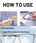 Instructional image showing steps to apply Lens Scratch Remover For Glasses And Eyewear 30g Multi Use Cleaner to eyeglasses.