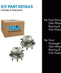 Front Left And Right Wheel Bearing And Hub Assembly Set For 4x4 SRW Chevy Silverado Sierra 2011 To 2019 2500HD 3500HD Two Piece Front Hub Bearing Kit Direct Fit Replacement shown with packaging and components