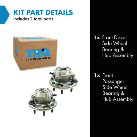 Front Left And Right Wheel Bearing And Hub Assembly Set For 4x4 SRW Chevy Silverado Sierra 2011 To 2019 2500HD 3500HD Two Piece Front Hub Bearing Kit Direct Fit Replacement shown with packaging and components