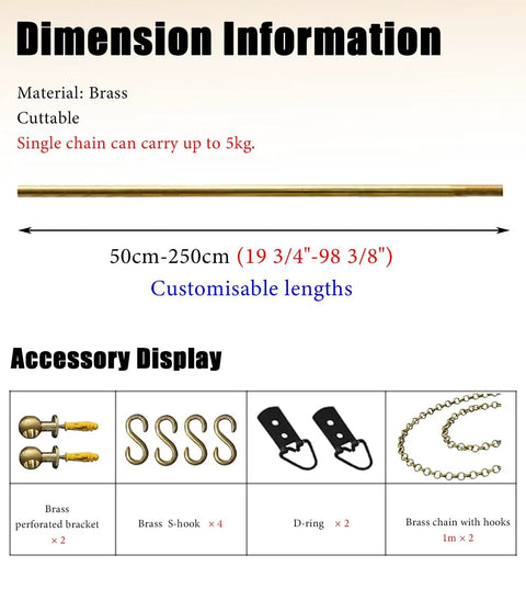 Adjustable Picture Rail Hanging System With Brass Chain Hooks No Damage Wall Track For Gallery Displays Metal Frame Hanger Kit Easy Setup For Home Decor And Museum Style Artwork Suspension Pole 150cm Long, brass 50cm-250cm parts and accessories