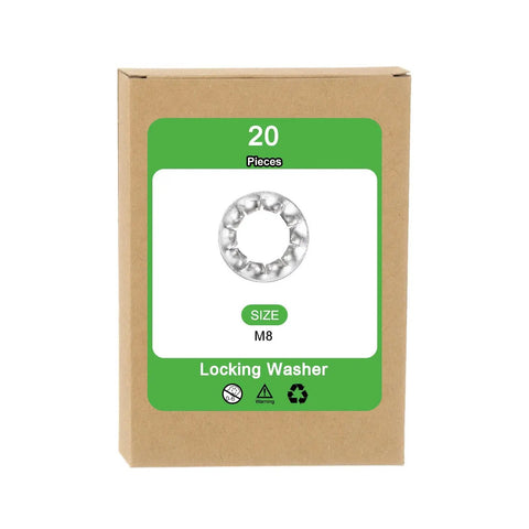 Top Shelf M8 Internal Tooth Lock Washers 20 Piece Box 304 Stainless Steel in packaging for secure mounting.