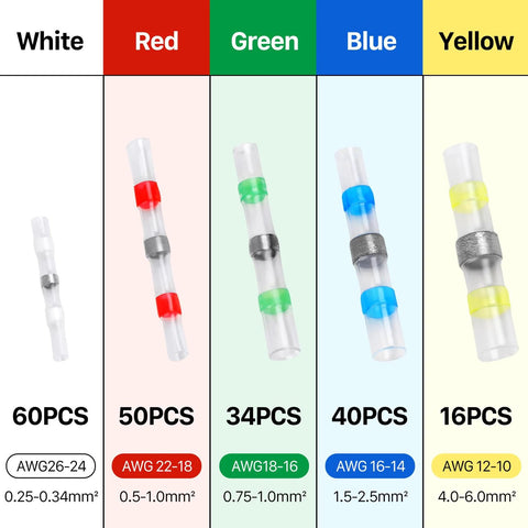 Solder-seal heat-shrink butt wire connector kit, 200 pcs, color-coded sets: white 60, red 50, green 34, blue 40, yellow 16.