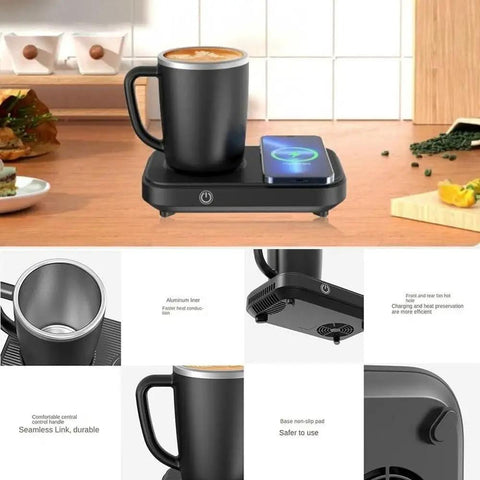 Premium 3in1 Temperature Control Mug With Built In 15W Fast Wireless Charging Pad on a wooden table with coffee and a smartphone.