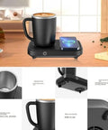 No Fuss Temperature Control Coffee Mug With 15W Wireless Charging Pad on wooden desk, black mug with aluminum liner.