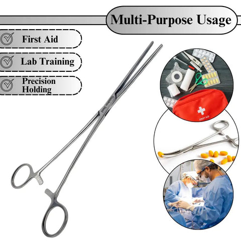 Stainless Steel Hemostat Forceps With Fully Serrated Straight Jaws, Multipurpose Locking Clamps, 10 Inch, Beefy Grip, Heavy Duty, Rust Resistant, Pro Grade Medical Tweezers For Surgical, Lab, And Clinic Use, shown with first aid, lab, and surgery uses