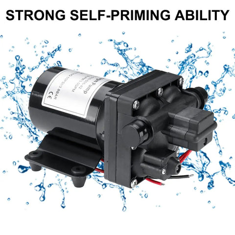 12V Diaphragm Water Pump with Self Priming Sprayer, 4 Chamber DC Electric Pump, highlighting strong self-priming ability.