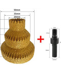 M10 Thread Diamond Core Stepped Pagoda Drill Bit; golden diamond-coated bit with conical steps, shown with black adapter.