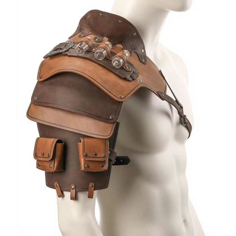 Adjustable Gothic Spaulders With Vials And Coin Pouch Armor For Larp Cosplay Viking Knight Renaissance Costume Brown Leather Pauldrons