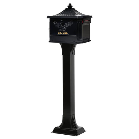 Cast Aluminum Heavy Duty Adjustable Mailbox Post Black With Weatherproof Powder Coat Finish Resists Rust Height From 33 To 41 Inches Supports Up To 120 Lbs Fits Over 4x4 Post CP000B00 showing black post with mailbox