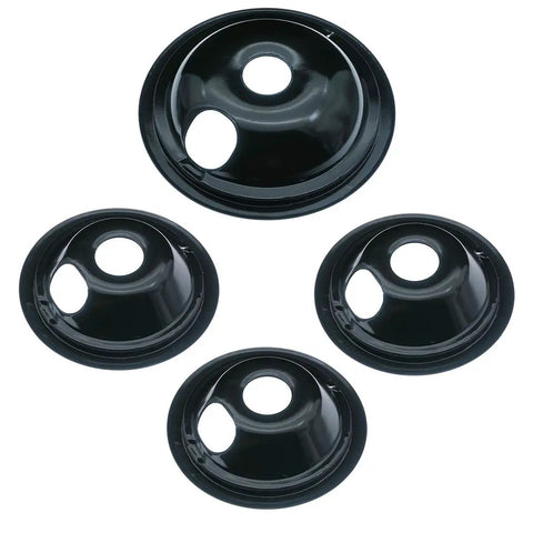Porcelain Drip Pan Set For GE Hotpoint Ranges with four black drip pans, 3x 6-inch WB31M20, 1x 8-inch WB31M19, smooth cooking surface
