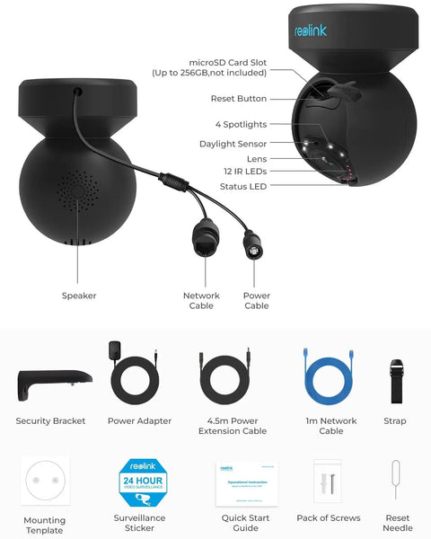 Outdoor PTZ Security Cam With 5MP HD Video For No Fuss Setup And 3X Optical Zoom Auto Tracking Smart Person And Vehicle Detection Color Night Vision With Built In Spotlight Dual Band WiFi E1 Outdoor showing components and accessories