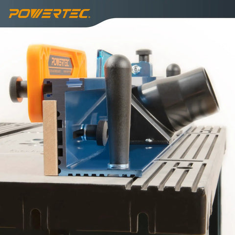 Close-up of Deluxe Pro Grade Router Table Fence System with 24-Inch Rail, featuring adjustable knobs and dust port.