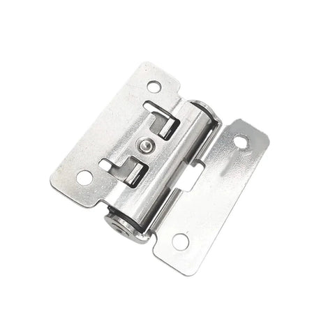 Close-up of a silver metal concealed cabinet hinge with mounting plate and soft-close feature.