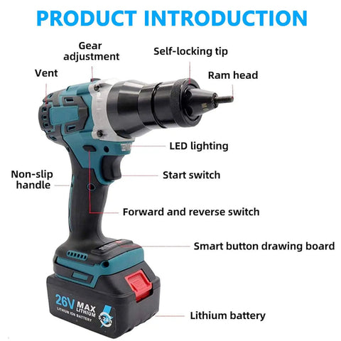 26V Cordless Rivet Tool with 5200mAh Battery Automatic Electric Rivet Gun for Stainless Steel Aluminum and Steel Rivets Fits M3 To M12 No Wire Needed Easy One Hand Setup and Fast Nut Rivet Installation for DIYers and Pros, labeled parts