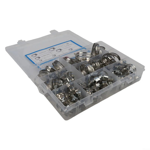 Awesome Heavy Duty Stainless Steel Hose Clamp Kit With 82 Pieces, Perfect For Car Truck Boat Plumbing Jobs Sizes From Quarter Inch To One And A Half Inch Worm Gear Clamps That Won T Rust Or Bend. 82-piece stainless steel hose clamp kit in organizer box