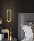 UIOLCFF Classic Modern Simple Gold Aluminum Pendant Light LED 18W Three Color Dimmable Hanging Lamp Bedroom Living Room above gray bed.