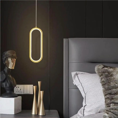UIOLCFF Classic Modern Simple Gold Aluminum Pendant Light LED 18W Three Color Dimmable Hanging Lamp Bedroom Living Room above gray bed.