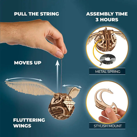Levitating Golden Snitch 3D Puzzle Kit For Adults And Teens, Dope Harry Potter Wooden Model, DIY Puzzle Set, Immersive Wings Build With Levers, Perfect Gift For Potter Fans And Collectors. wooden Snitch with pull string, metal spring, and mount