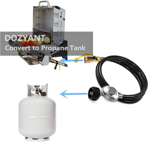 Six Foot Propane Hose With Regulator Quick Connect For RV Grills And Heaters shown with grill and propane tank connections