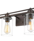 4 Light Vanity Light Fixture In Oil Rubbed Bronze Finish With Clear Glass Cylinders, Rectangular Backplate, Horizontal Arm