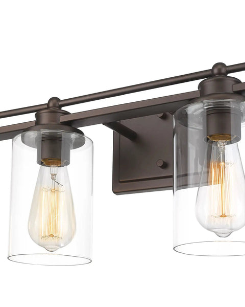4 Light Vanity Light Fixture In Oil Rubbed Bronze Finish With Clear Glass Cylinders, Rectangular Backplate, Horizontal Arm