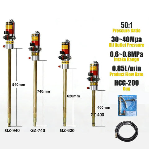 Workhorse Pneumatic Grease Gun For Farm And Industrial Jobs 50 To 1 Ratio Air Operated GZ940 and accessories shown