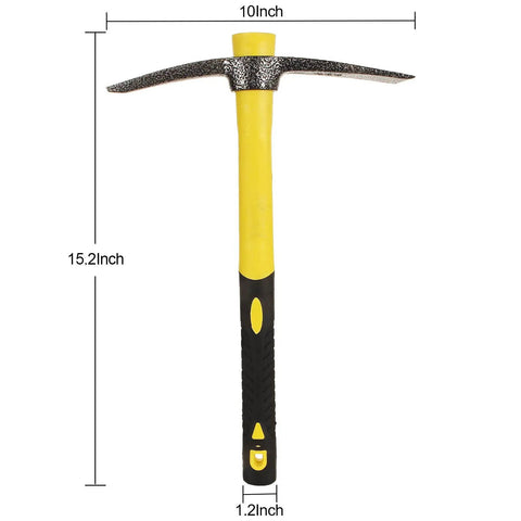 Weeding Mattock Hoe 15 Inch Forged Garden Pick Axe With Fiberglass Handle, yellow and black handle, dimensions shown in inches.