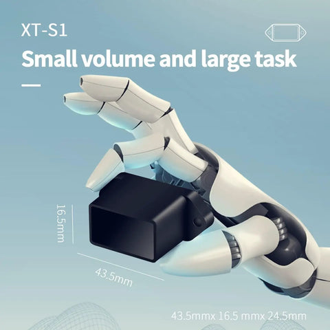 Robotic hand holding Single Point Lidar Range Finder Sensor 0.3 To 30 Meters, Solid State Proximity Detector, compact, black