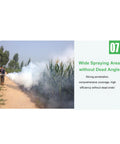 Portable Pulse Water Mist Fogger Electric Sprayer creating mist in a field, illustrating wide area coverage with no dead angles
