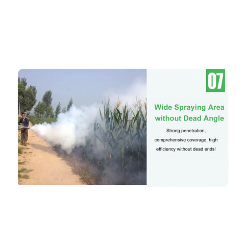 Portable Pulse Water Mist Fogger Electric Sprayer creating mist in a field, illustrating wide area coverage with no dead angles