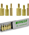 Six Pack Brass Gun Cleaning Rod Fitting Adapters Set With 5-40 To 8-32, 8-32 To 5/16-27, And 8-32 To 10-32 Threads in a case