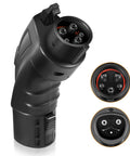 Tesla To SAE J1772 EV Charging Adapter Black 48A 250V AC with angled grip and socket view, designed for high powered charging.