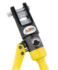 Close-up of Hydraulic Crimp Tool 16 Ton With 11 Dies For Battery Cable Crimping Quick Change Die System, yellow handle visible.