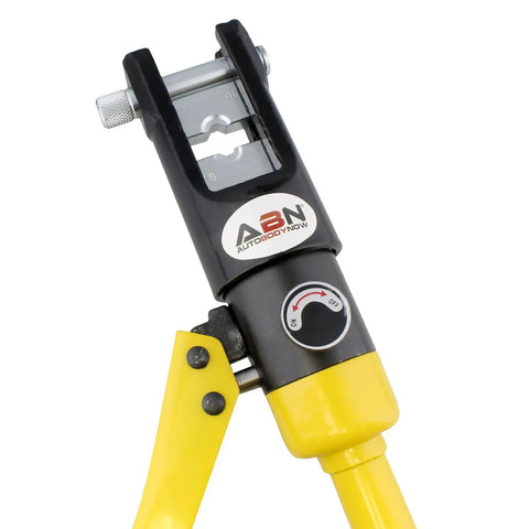 Close-up of Hydraulic Crimp Tool 16 Ton With 11 Dies For Battery Cable Crimping Quick Change Die System, yellow handle visible.