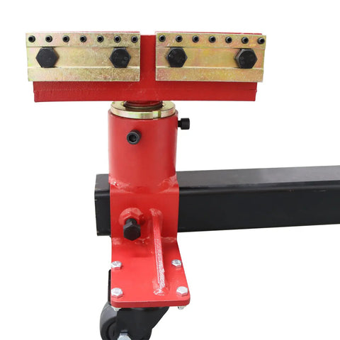 Close-up of Beefy Heavy Duty Auto Body Frame Puller And Straightener with 6600 lbs capacity and 10 Ton pulling tower, red base