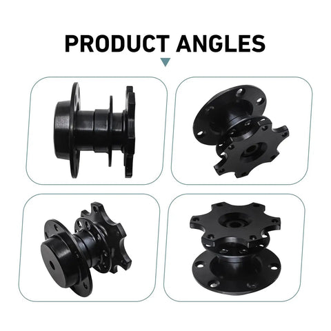 Universal Steering Wheel Quick Release Adapter With Six Hole Racing Hub Mounting Kit showing multiple angles in satin black finish.