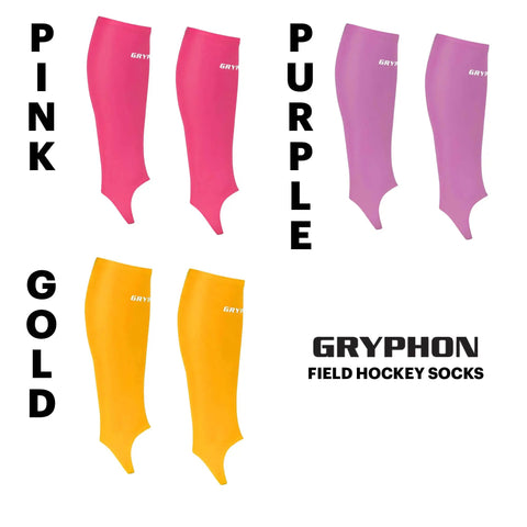 Footless Shinguard Socks For Field Hockey And Soccer Athletes in pink, purple, and gold colors.