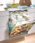 Cute Highland Cow Magnetic Dishwasher Cover For Farmhouse Kitchen Decor 23x26 inches installed on open dishwasher in modern kitchen