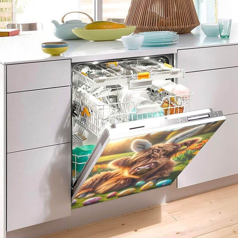 Cute Highland Cow Magnetic Dishwasher Cover For Farmhouse Kitchen Decor 23x26 inches installed on open dishwasher in modern kitchen