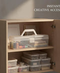 Grab And Go Clear Plastic Storage Box With Handle, Portable File Organizer for office supplies, shown in cabinet.