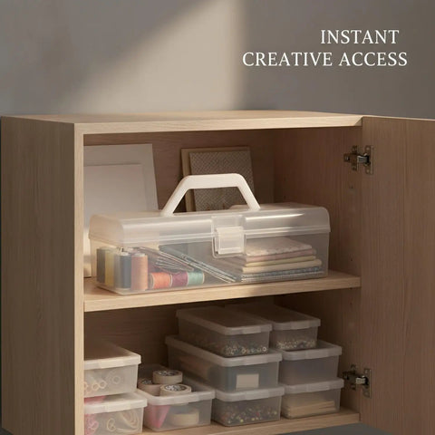 Grab And Go Clear Plastic Storage Box With Handle, Portable File Organizer for office supplies, shown in cabinet.