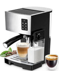 Top Shelf All In One Automatic Espresso Coffee Maker And Cappuccino Latte Brewer With Quick Milk Froth and Easy Turn Knobs for No Hassle Daily Grinds At Home with coffee cups.