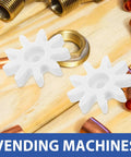 4 Piece 9 Tooth Plastic Gear Set For Gumball Machines And Coin Operated Dispensers, shown with metal fittings