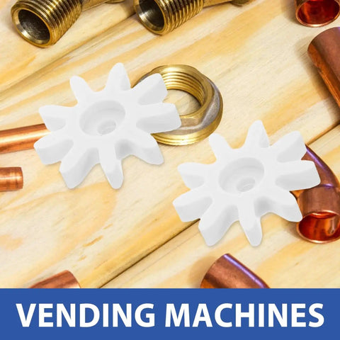 4 Piece 9 Tooth Plastic Gear Set For Gumball Machines And Coin Operated Dispensers, shown with metal fittings